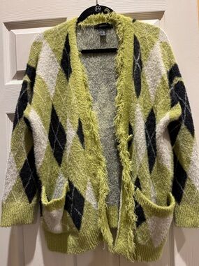 Forever 21 Fuzzy Argyle Cardigan - Green/White/Black Oversized 1X